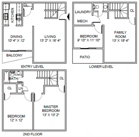 Floor plan for 3 beds, 2.5 baths, 2010 sqft